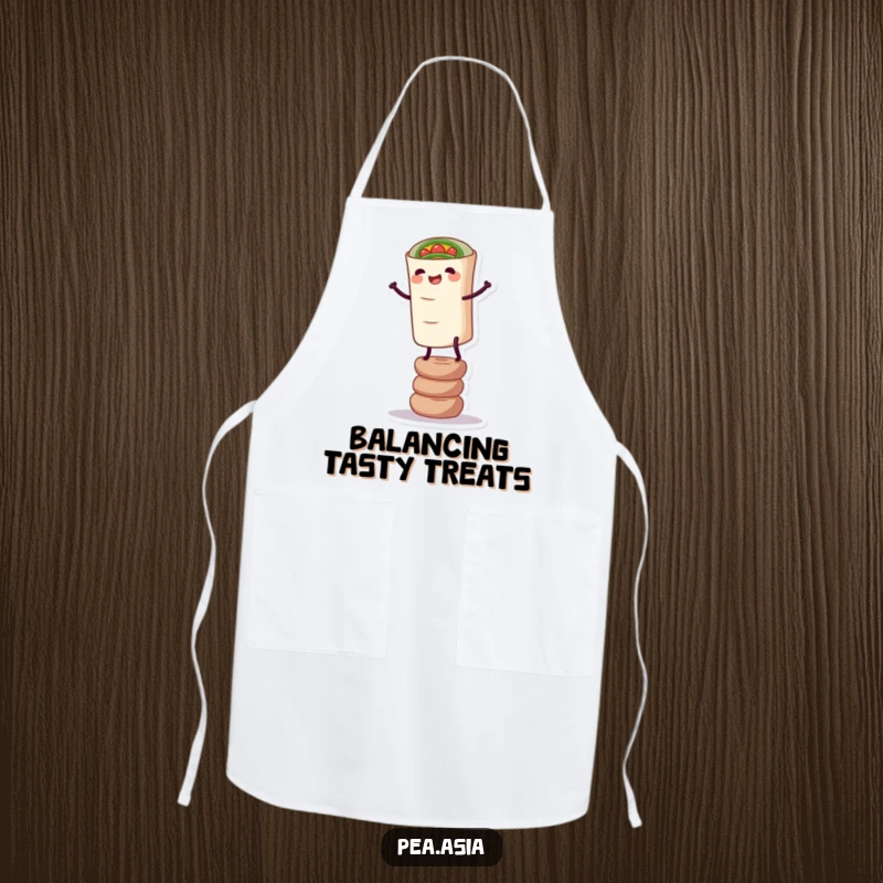 Funny Spring Roll Apron: A happy spring roll with legs balancing on a stack, designed for chefs who appreciate humor in the kitchen.