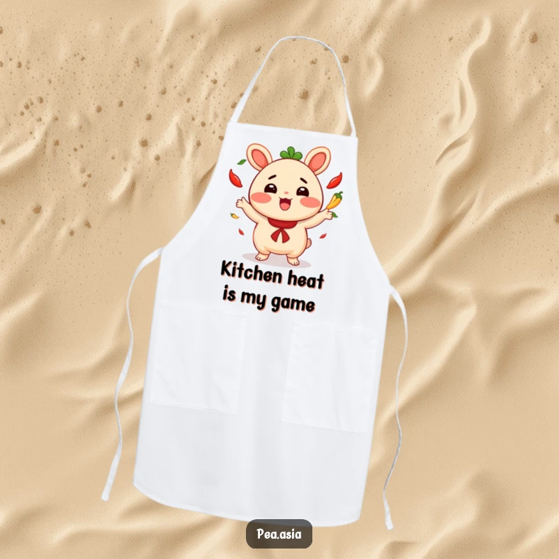 Funny apron with a cheerful bao bun character energetically juggling spicy chili peppers, perfect for a fun cooking experience.
