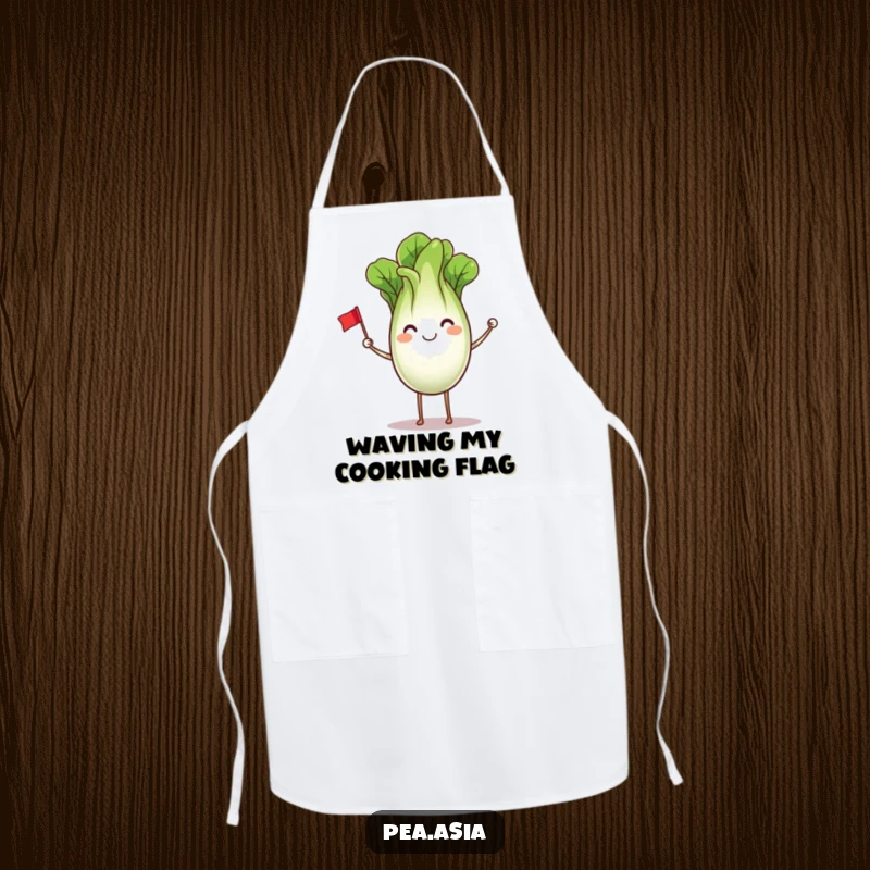 Funny Bok Choy Apron: A smiling bok choy with legs waving a flag, designed for chefs who want to add healthy humor to their cooking.