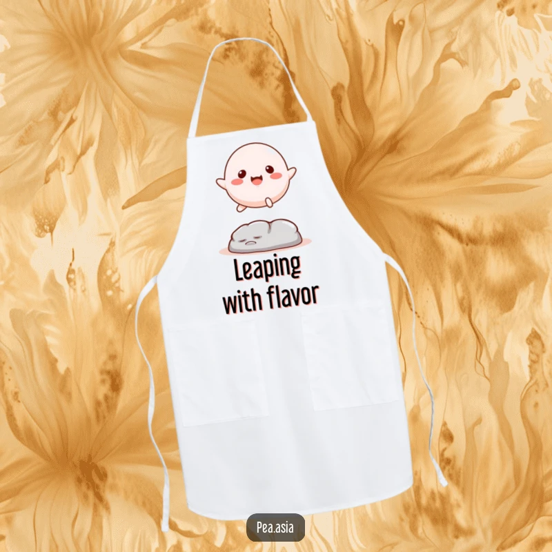 Funny Mochi Apron: A happy mochi with legs leaping over an obstacle, designed for bakers who want to add sweet humor to their creations.