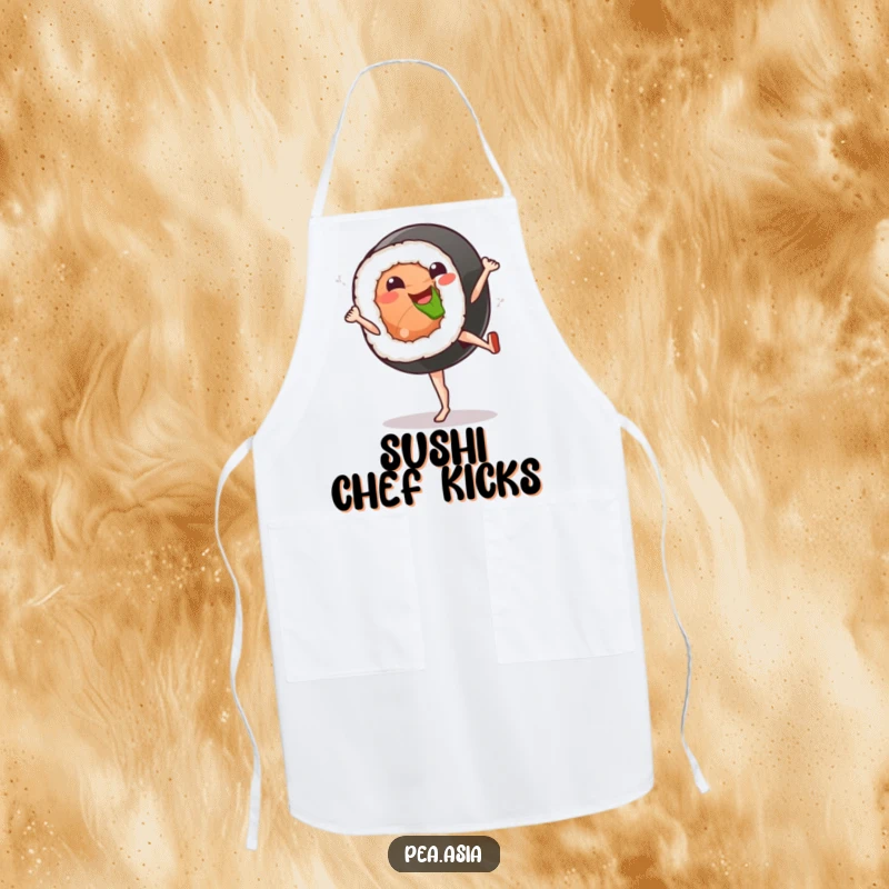 Funny sushi kick apron showing a smiling sushi roll character in a high kick pose, ready for kitchen adventures.