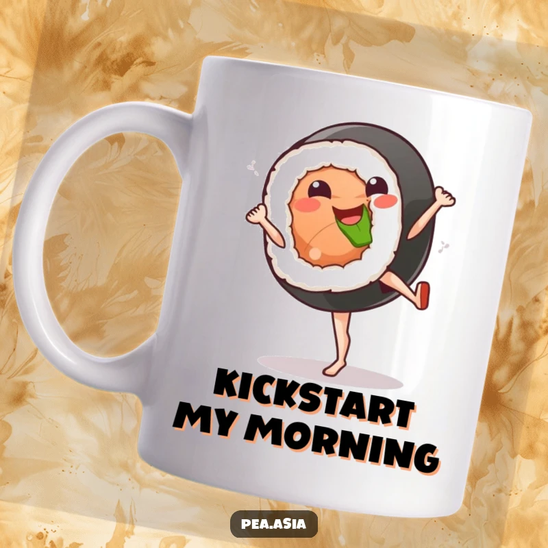 Funny sushi roll mug featuring a smiling character with legs performing a dynamic high kick, ready for action.