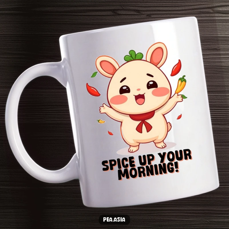 Funny mug featuring a cheerful bao bun character joyfully juggling small red chili peppers, perfect for spice lovers.