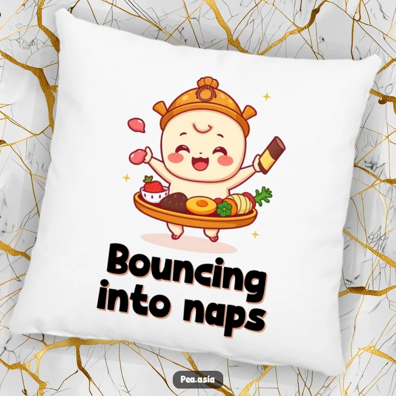Funny Dim Sum Pillow: A plush pillow featuring a dim sum platter illustration where items bounce with glee, offering comfort and comedic charm.