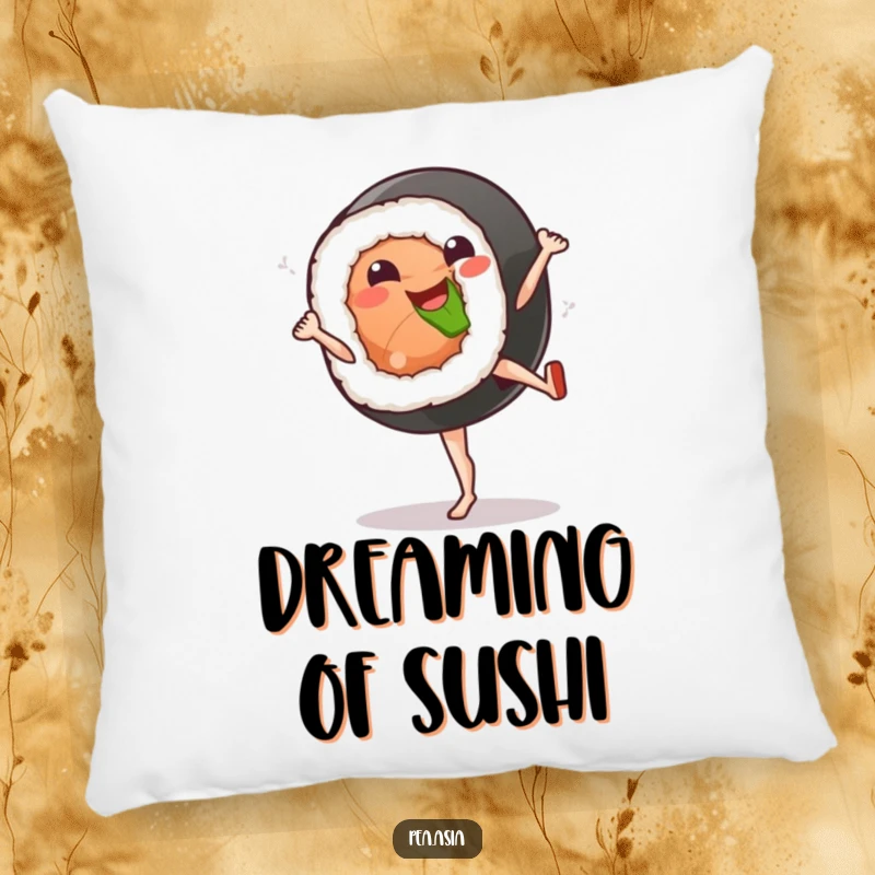 Funny sushi kick pillow featuring a smiling sushi roll character energetically performing a high kick for cozy fun.