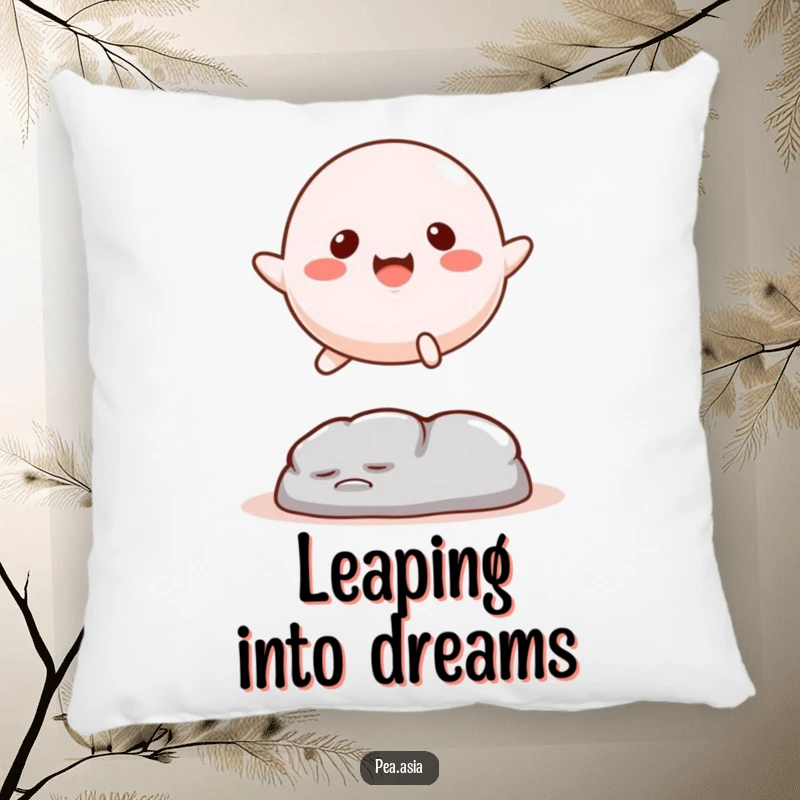 Funny Mochi Pillow: A plush pillow featuring a mochi character with legs leaping over an obstacle, offering comfort and comedic charm.