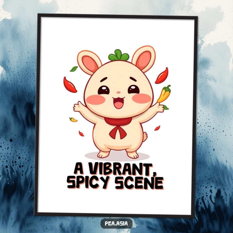 Funny digital art print of a cheerful bao bun character excitedly juggling small red chili peppers, for vibrant decor.