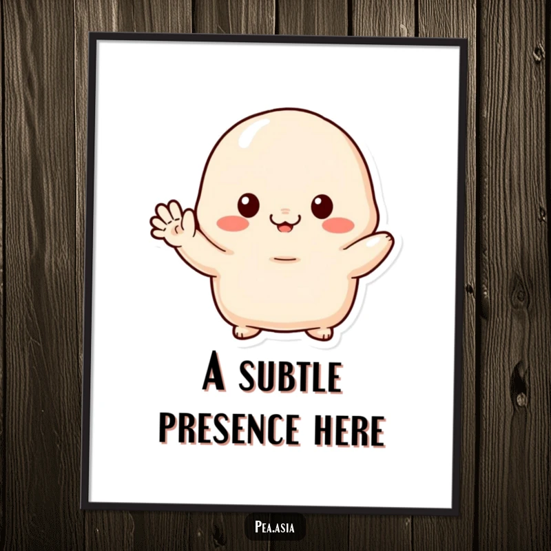 Funny digital art print of a shy dumpling character with tiny arms, shyly waving hello, for instant cute wall decor.