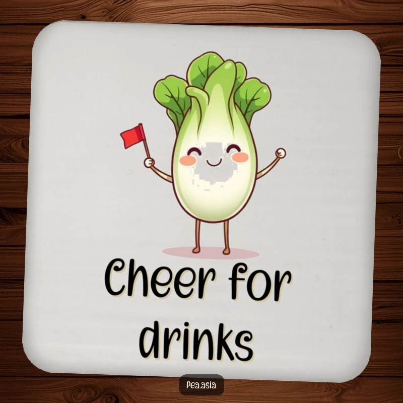 Funny Bok Choy Coaster: A charming coaster featuring a bok choy character with legs waving a flag, protecting surfaces with healthy humor.