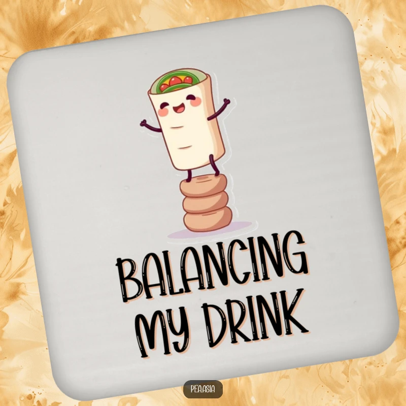 Funny Spring Roll Coaster: A charming coaster featuring a spring roll character with legs balancing precariously, adding humor to drink protection.