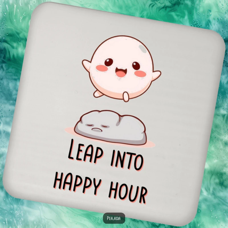 Funny Mochi Coaster: A charming coaster featuring a mochi character with legs leaping over an obstacle, protecting surfaces with sweet humor.