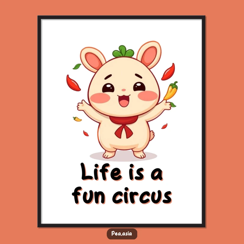 Funny Bao Bun Poster: Vibrant Chili Juggling Art for Cheerful Spaces