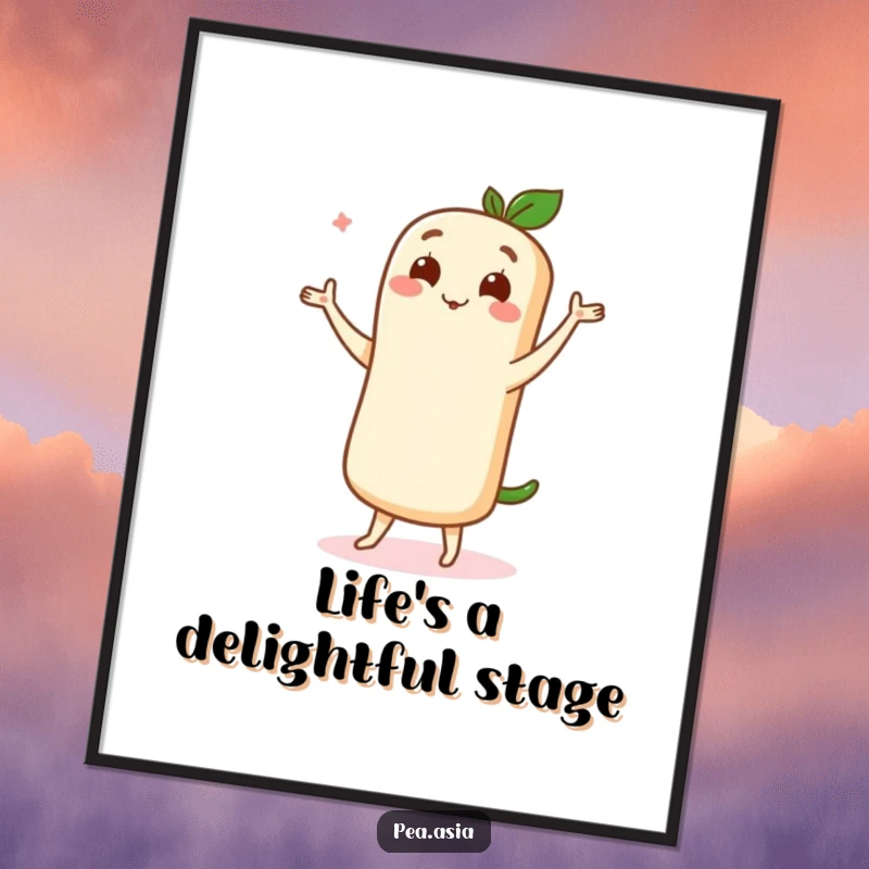 Funny poster art of a cute spring roll character executing a graceful dance move, radiating happiness and delight.