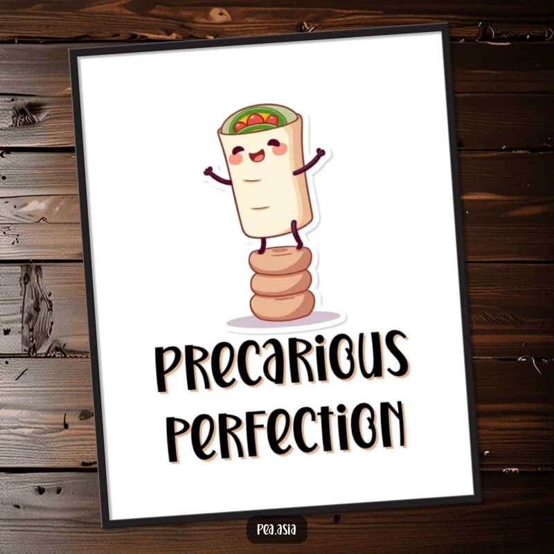 Funny Spring Roll Poster: A happy spring roll with legs balancing on a tiny stack, creating a humorous and visually engaging piece of art.