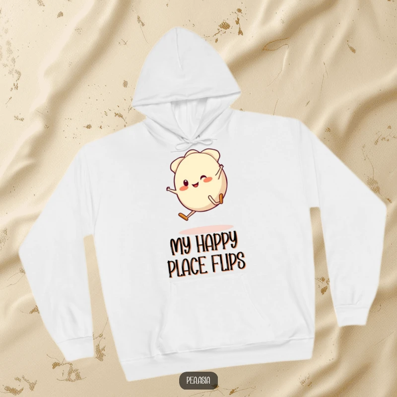 Funny Gyoza Hoodie: A cheerful gyoza character with legs executes a fun cartwheel, showcasing a hilarious and energetic design for ultimate comfort.