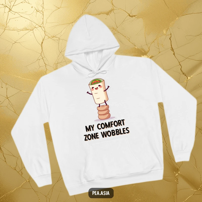 Funny Spring Roll Hoodie: A happy spring roll character with legs balancing precariously, depicted on a comfortable hoodie for warmth and laughs.