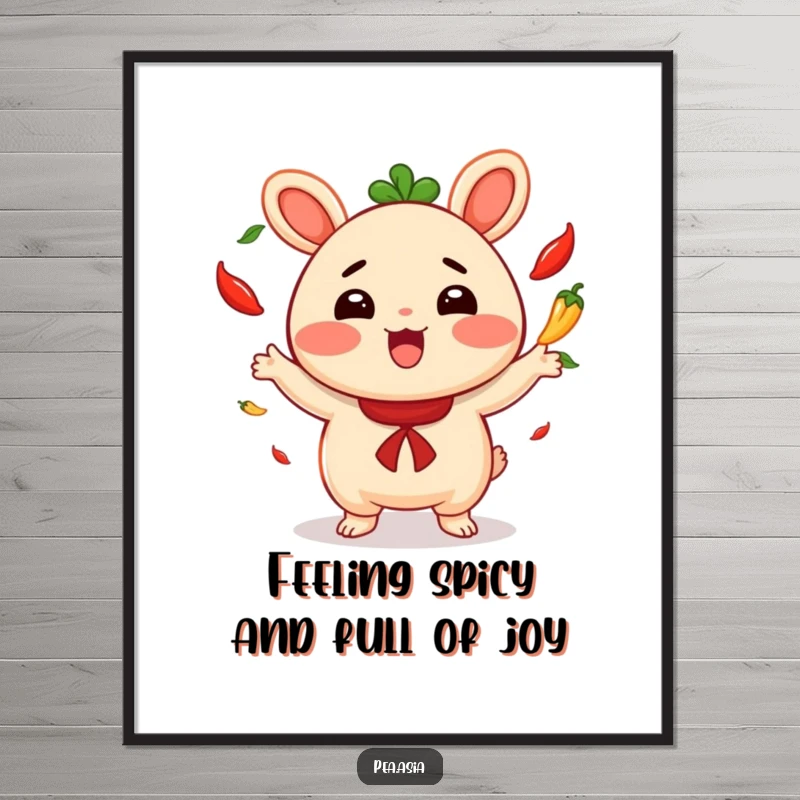 Funny Free Printable Wall Art: Cheerful bao bun juggling bright red chili peppers with immense joy, vibrant and energetic.