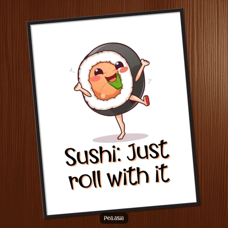 Funny Free Printable Wall Art: A smiling sushi roll character with cartoon legs in mid-air, performing an impressive high kick.
