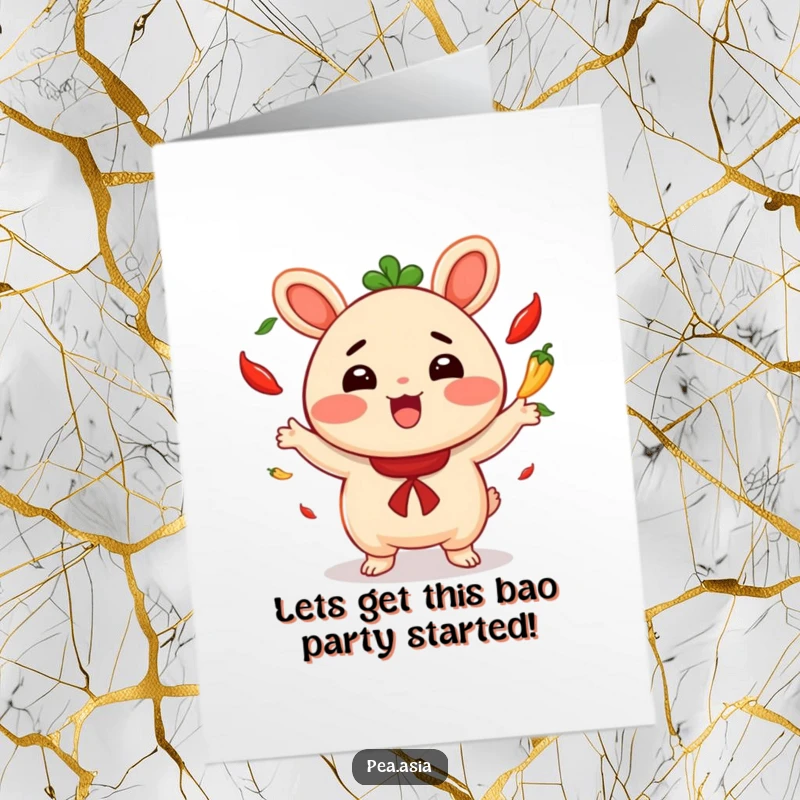 Funny Free Printable Birthday Card: Cheerful bao bun character excitedly juggling small red chili peppers, full of festive energy.