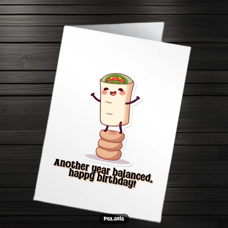 Funny Free Printable Spring Roll Birthday Card: A happy spring roll wobbles on a stack, showing birthday balance. Downloadable digital art.