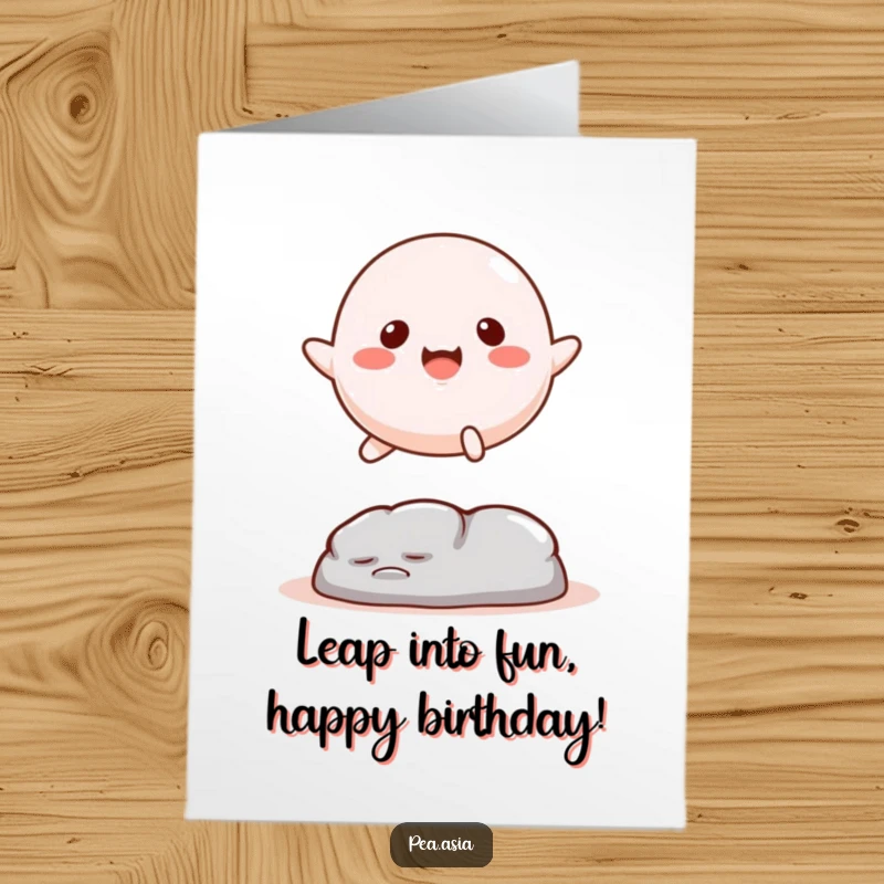 Funny Free Printable Mochi Birthday Card: A happy mochi leaps over an obstacle, celebrating a birthday. Downloadable digital art.