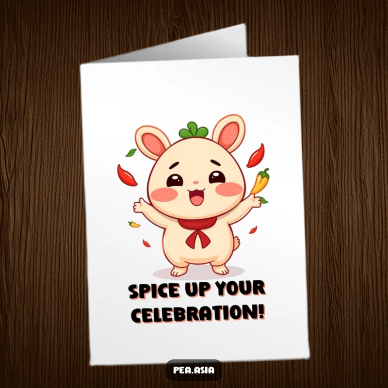 Funny Free Printable Congratulations Card: Excited bao bun juggling chili peppers, celebrating success with vibrant energy and a big smile.