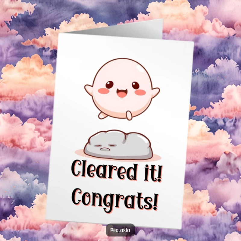 Funny Free Printable Mochi Congratulations Card: A happy mochi leaps over an obstacle, celebrating achievements. Downloadable digital art.