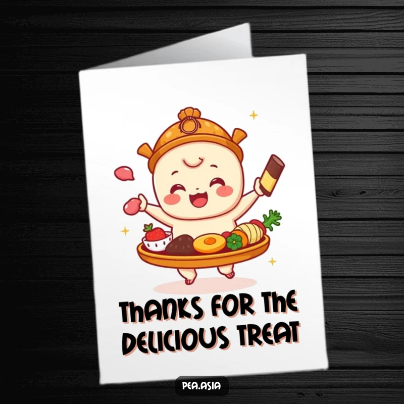 Funny Free Printable Dim Sum Platter Thank You Card: A dim sum platter bounces with glee, expressing gratitude. Downloadable digital art.
