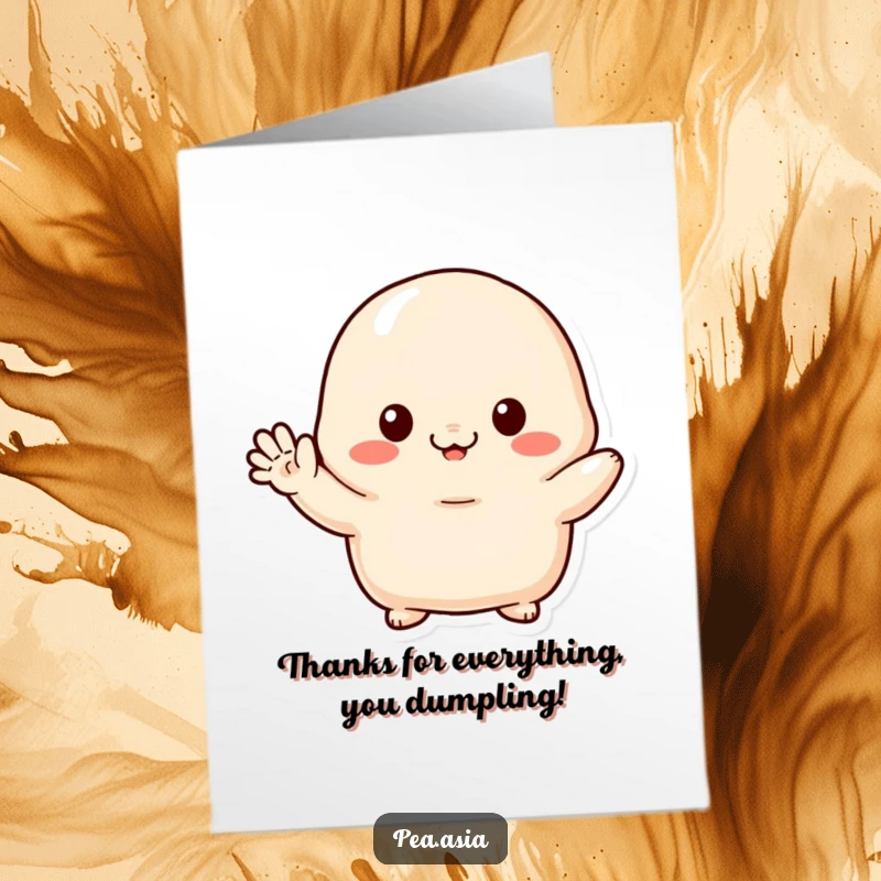 Funny Free Printable Thank You Card: Small dumpling character shyly waving to express sincere gratitude, adorable and cute.