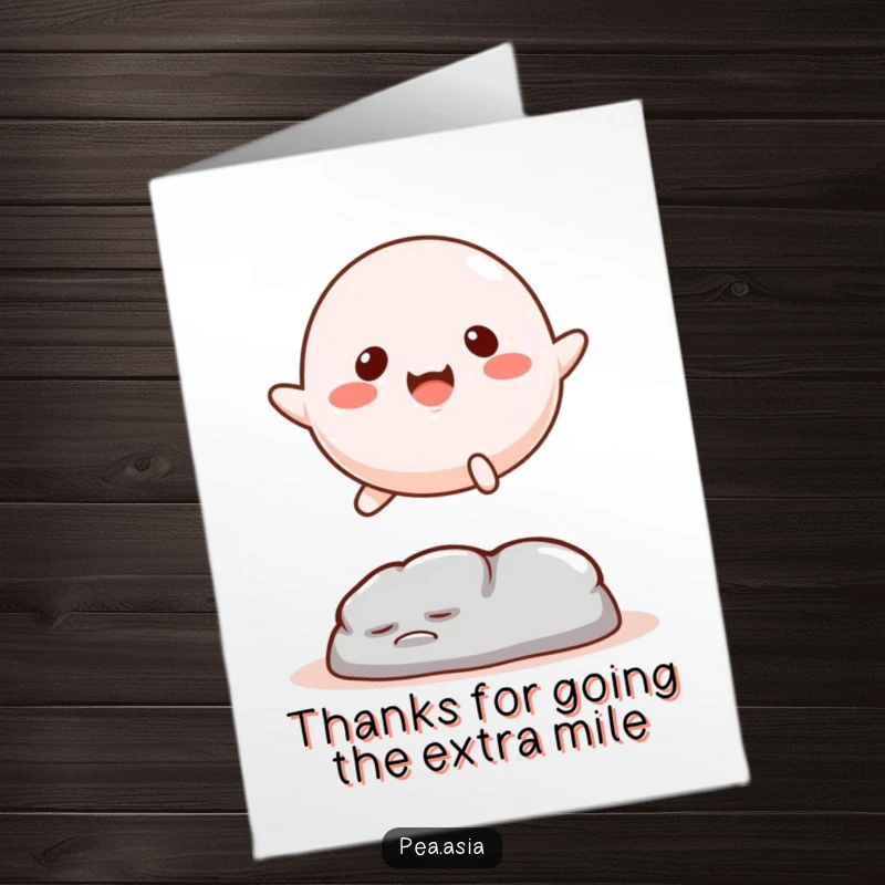 Funny Free Printable Mochi Thank You Card: A happy mochi leaps over an obstacle, expressing thanks. Downloadable digital art.