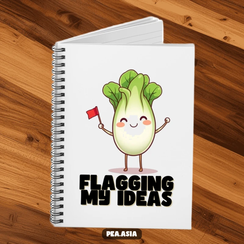Funny Bok Choy Notebook: Features a bok choy character with legs waving a flag, ideal for journaling, sketching, or jotting down healthy ideas.