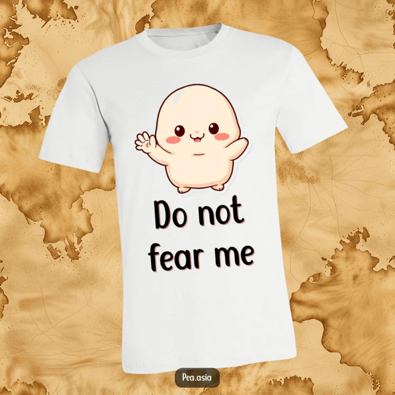 Funny t-shirt showcasing a shy dumpling character with small arms, giving a gentle, hesitant wave, ideal for introverts gifting.