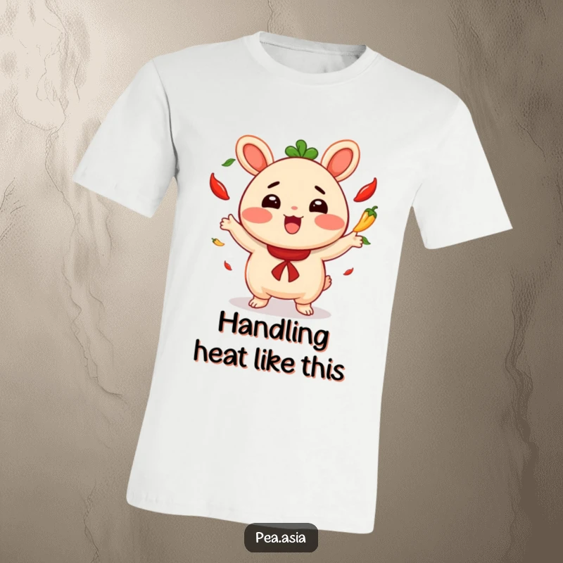 Funny t-shirt with a cheerful bao bun character energetically juggling spicy chili peppers, representing fun and excitement.