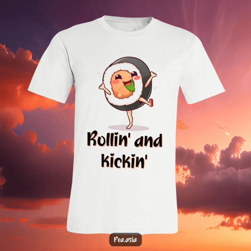 Funny sushi t-shirt with a smiling sushi roll character performing a powerful high kick, full of energy.
