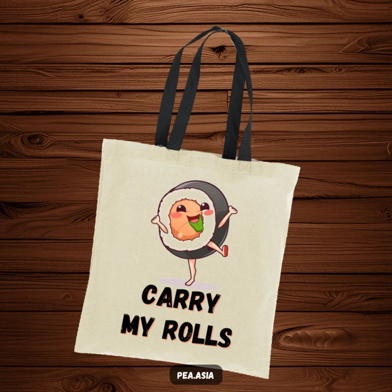 Funny sushi tote bag showing a smiling sushi roll character performing a high kick, ready to carry your goods.