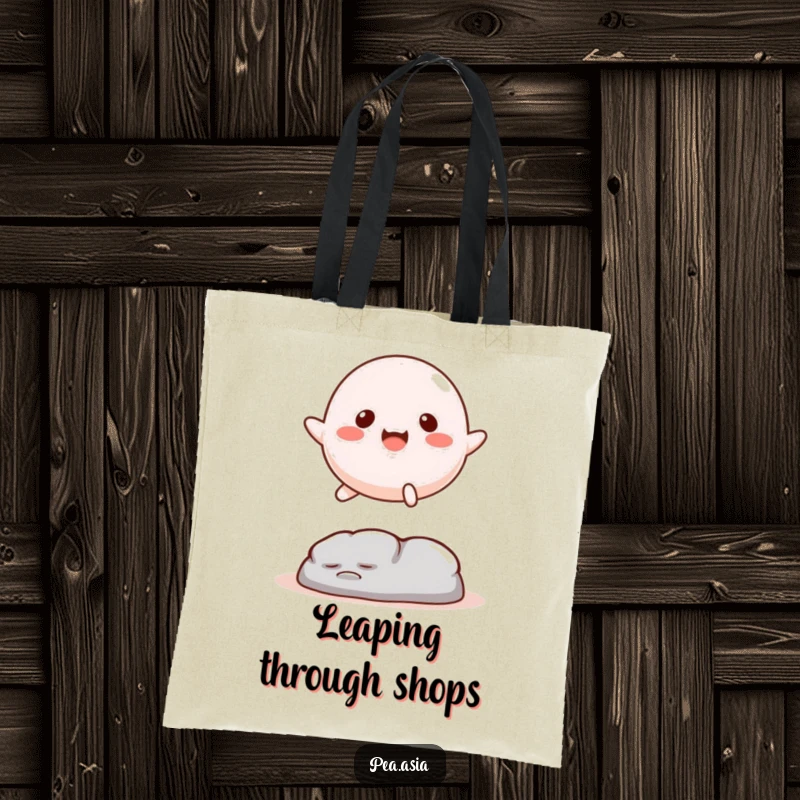 Funny Mochi Tote Bag: A happy mochi character with legs leaping over a small obstacle, perfect for carrying essentials with sweet humor.