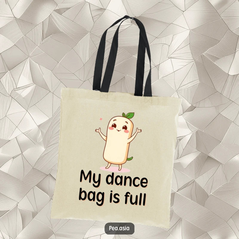 Funny tote bag featuring a cute spring roll character performing a graceful dance move with pure delight, perfect for carrying essentials.